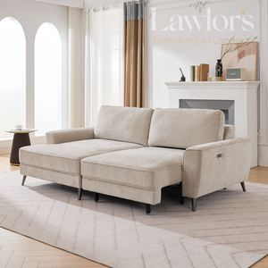 Beige opened sectional sofa in a living room setting