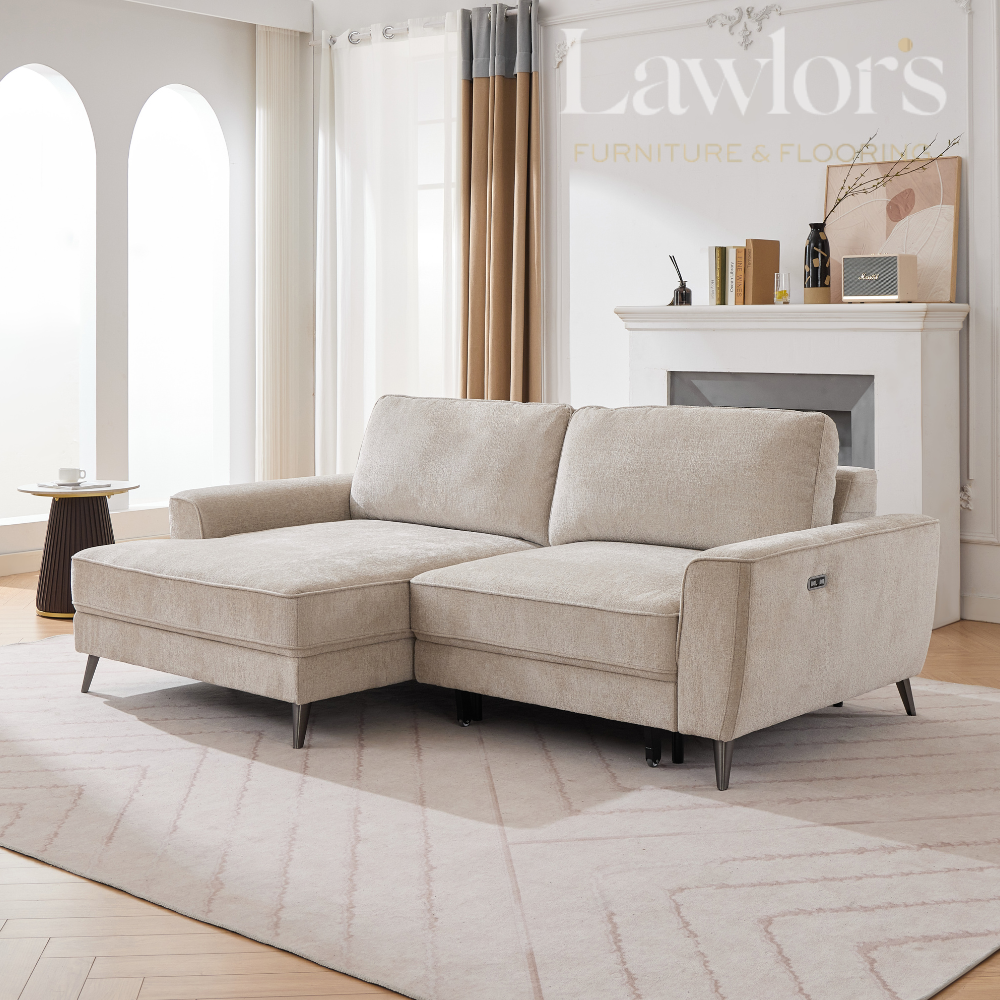 Beige RHF sectional sofa in a living room with