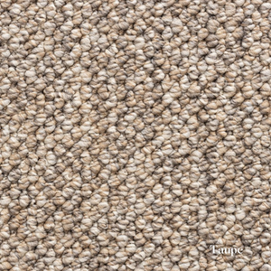 Close-up of taupe carpet texture with 'Taupe' label