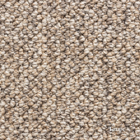 Close-up of taupe carpet texture with 'Taupe' label