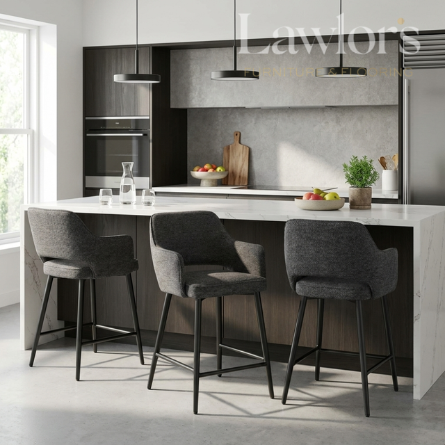Modern kitchen with marble island and gray bar stools