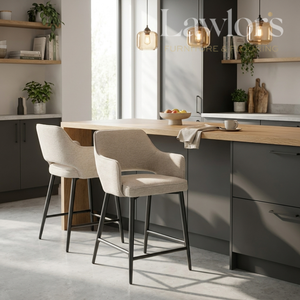 Modern kitchen with a wooden island and cream barstools