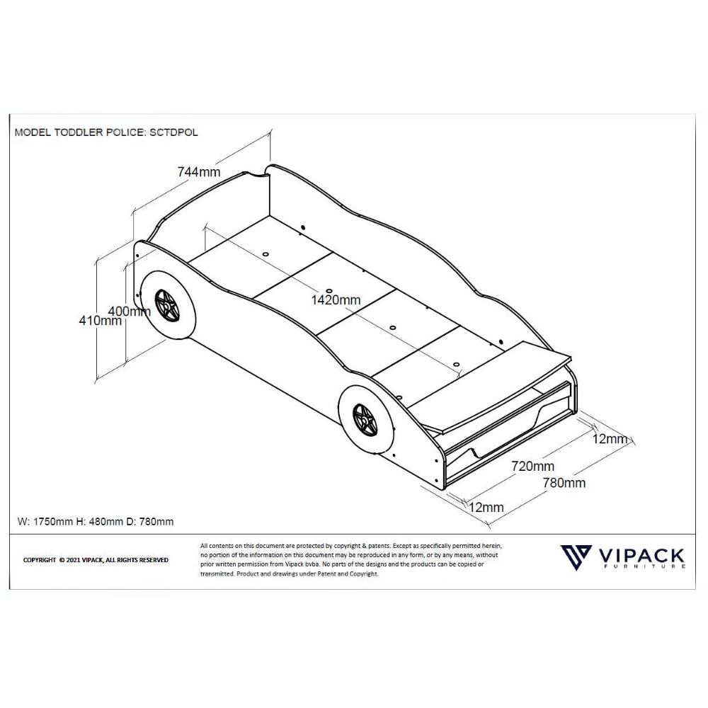 VIPACK Toddler Police Bed in Blue features a slatted base lacquered MDF and ideal 70 x 140cm bed for little ones ready to hit the road