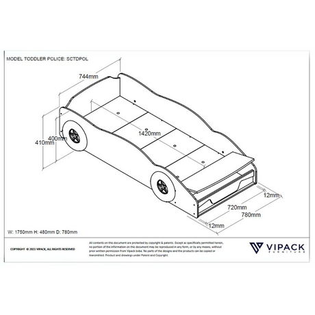 VIPACK Toddler Police Bed in Blue features a slatted base lacquered MDF and ideal 70 x 140cm bed for little ones ready to hit the road