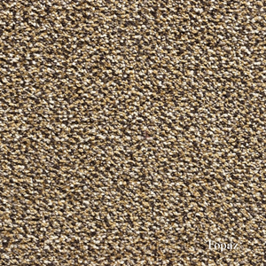 Close-up of a textured brown carpet with 'Topaz' branding.