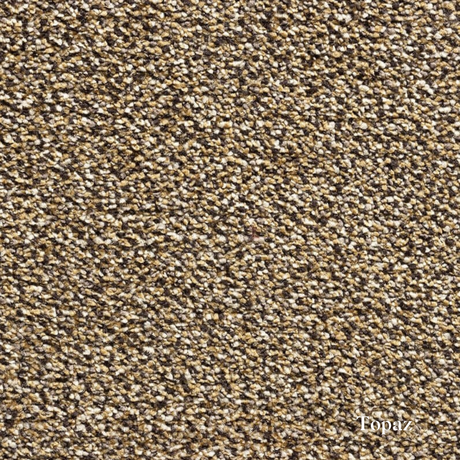Close-up of a textured brown carpet with 'Topaz' branding.