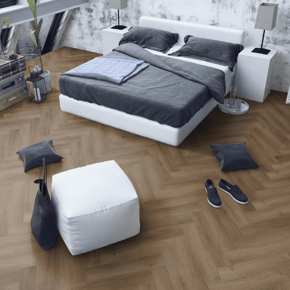 Truffle Oak Herringbone SPC Flooring - 4mm, waterproof, SPC core, sound-reducing underlayment and herringbone pattern.