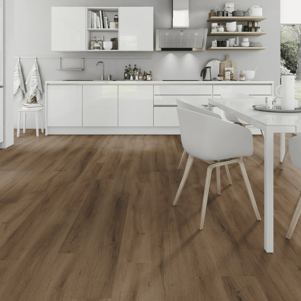 Truffle Oak SPC Flooring - 4mm features waterproof SPC core, sound-reducing underlayment, oak finish and dent-resistant.