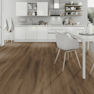 Truffle Oak SPC Flooring - 4mm features waterproof SPC core, sound-reducing underlayment, oak finish and dent-resistant.