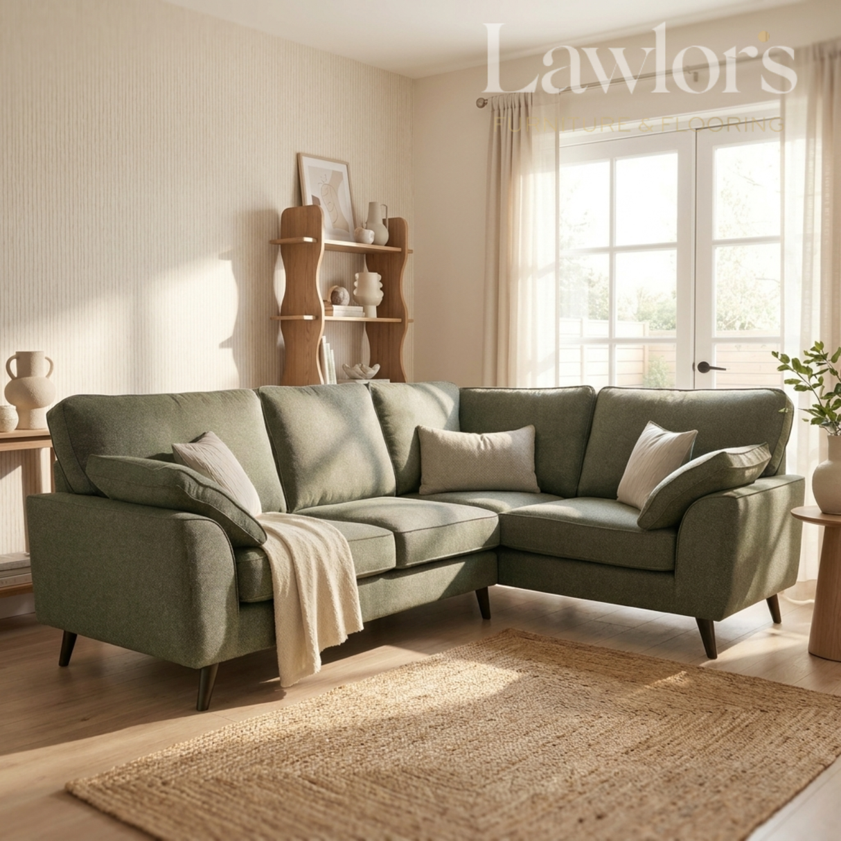 Green 2 corner 1 sectional sofa in a living room