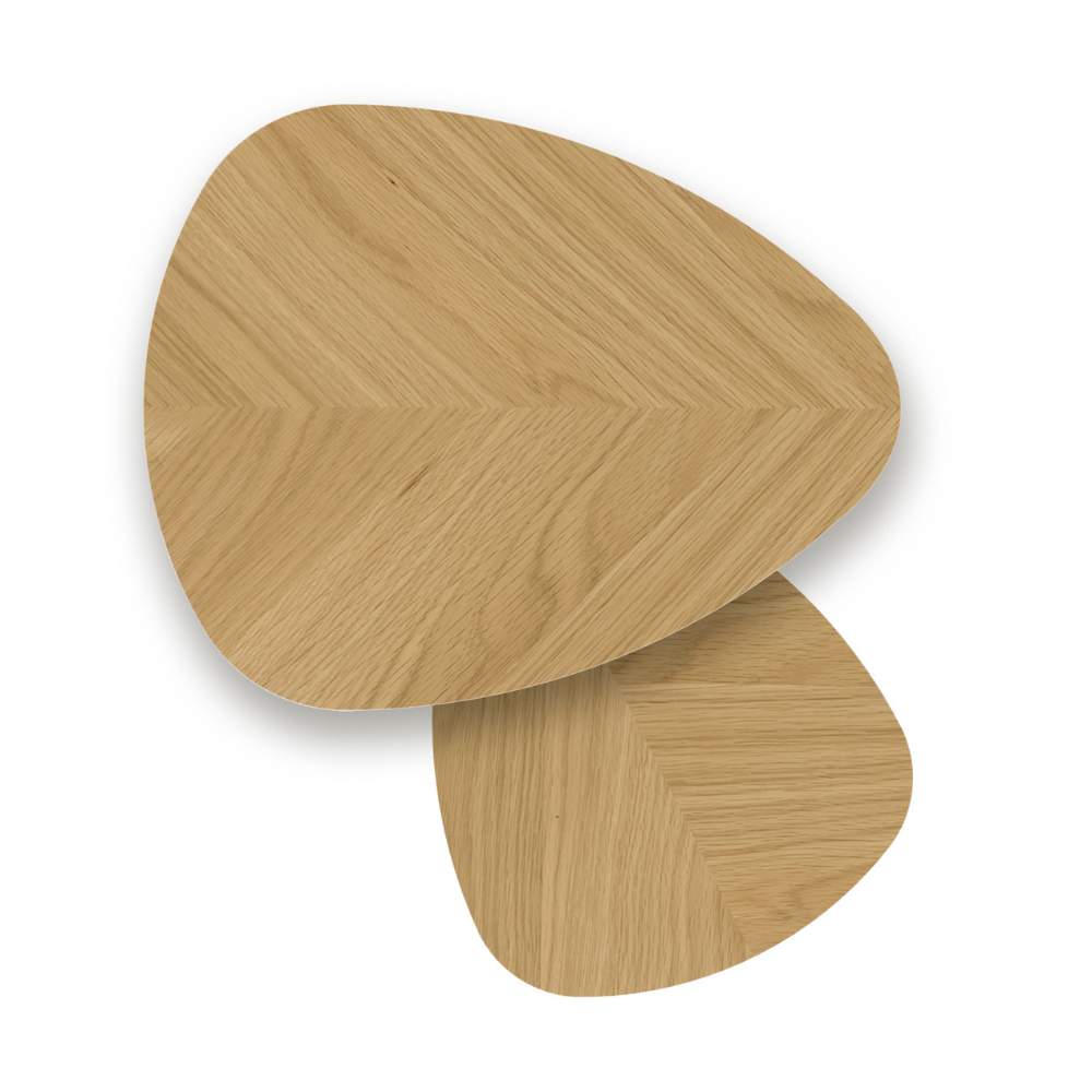 The Valencia Nest of Tables features a sleek high gloss finish and unique triangular oval tops, combining modern style with space saving practicality