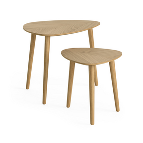 The Valencia Nest of Tables features a sleek high gloss finish and unique triangular oval tops, combining modern style with space saving practicality