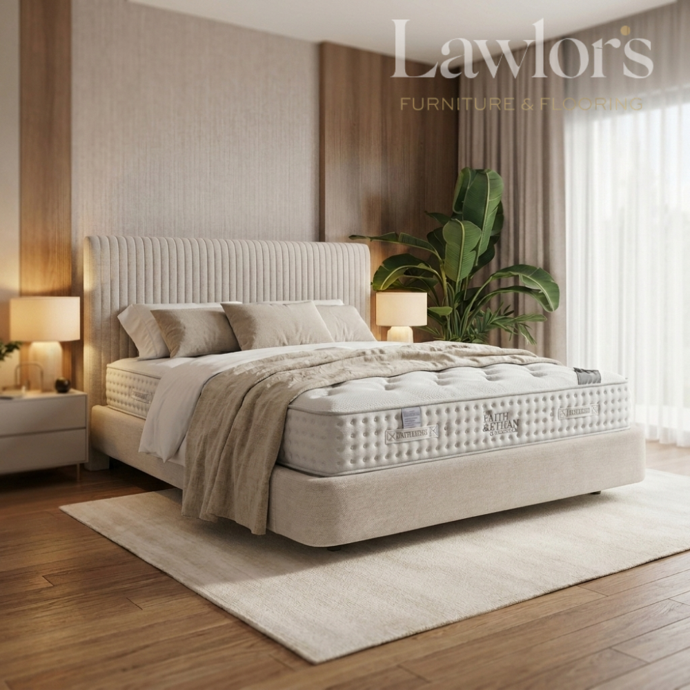 Bedroom with a mattress on a bed pack surrounded by decor elements