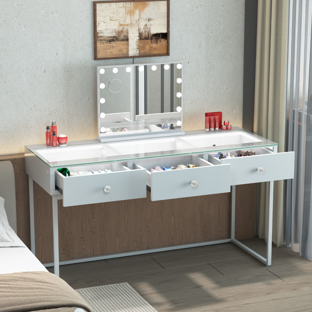 The Vanitti Billie 3 Dresser & 15 Bulb Mirror set features a sleek white design, dimmable 3 colour lighting, Bluetooth speaker and USB charging port