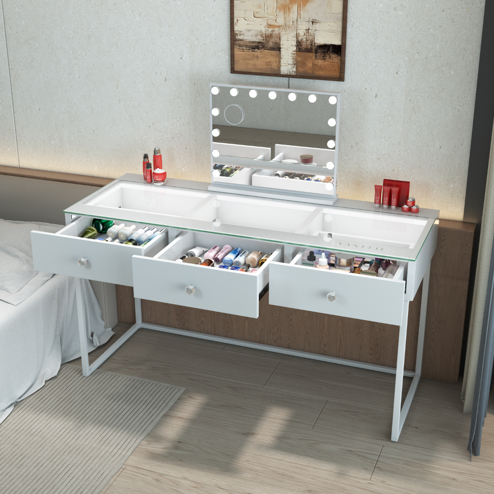 The Vanitti Billie 3 Dresser & 15 Bulb Mirror set features a sleek white design, dimmable 3 colour lighting, Bluetooth speaker and USB charging port