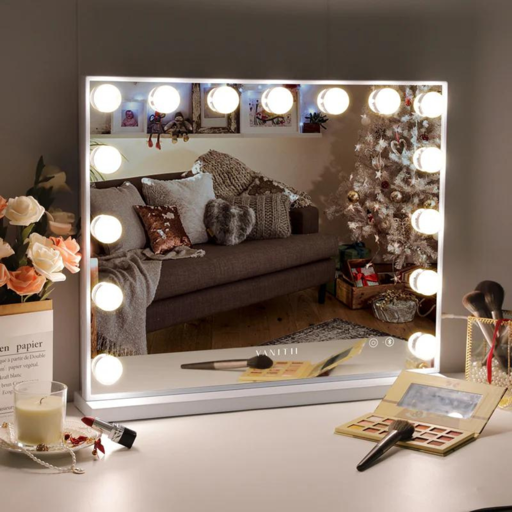 The Vanitti Billie 3 Dresser & 15 Bulb Mirror set features a sleek white design, dimmable 3 colour lighting, Bluetooth speaker and USB charging port