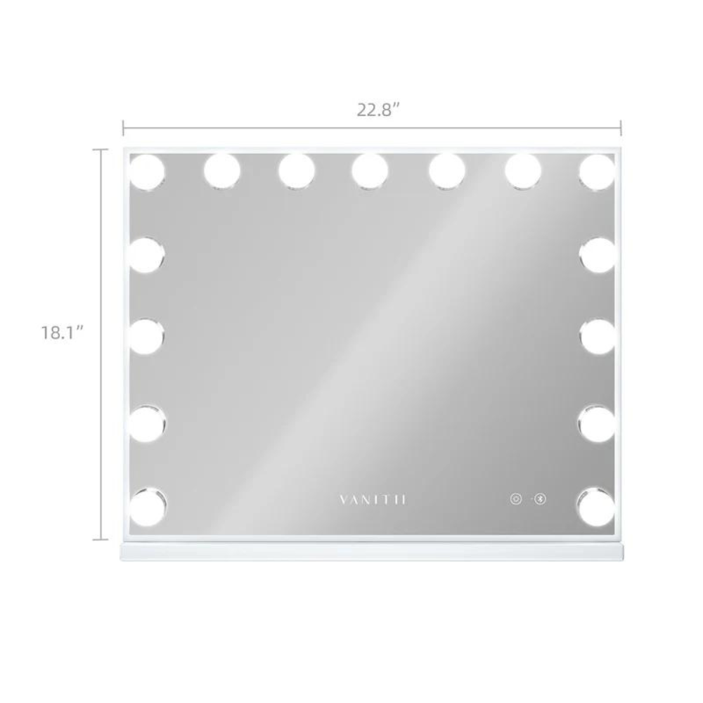 The Vanitti Billie 3 Dresser & 15 Bulb Mirror set features a sleek white design, dimmable 3 colour lighting, Bluetooth speaker and USB charging port