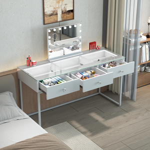 The Vanitti Billie 3 Dresser & 15 Bulb Mirror set features a sleek white design, dimmable 3 colour lighting, Bluetooth speaker and USB charging port