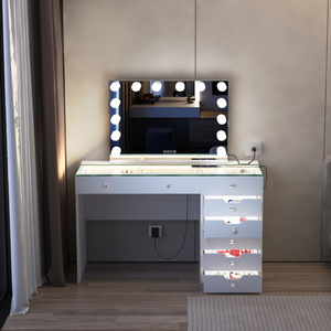 The Vanitti Eva 18 Drawer Dresser & 14 Bulb Hollywood Mirror Set features LED lighting, Bluetooth speaker, USB/Type-C ports and adjustable brightness