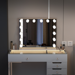 The Vanitti Eva 18 Drawer Dresser & 14 Bulb Hollywood Mirror Set features LED lighting, Bluetooth speaker, USB/Type-C ports and adjustable brightness