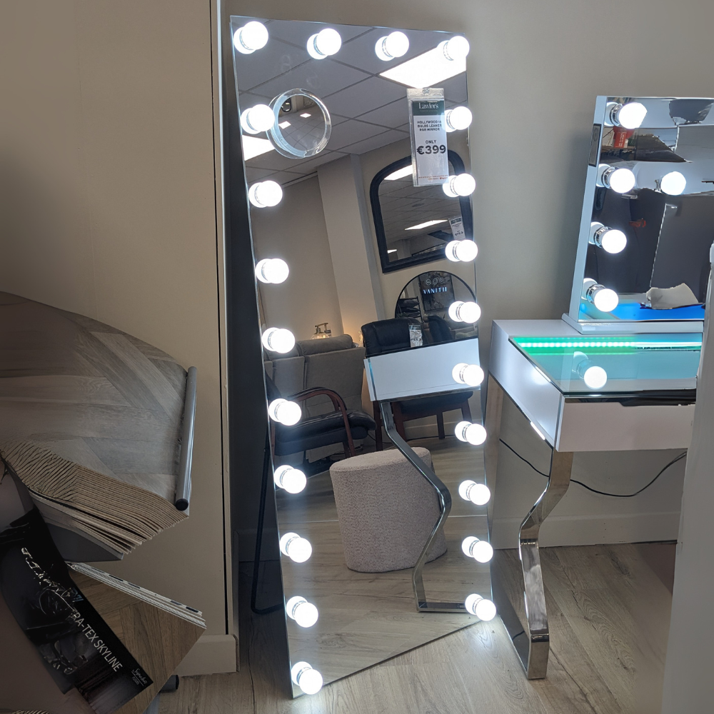 The Vanitti Hollywood 22 Bulb RGB Leaner Mirror features dimmable LEDs, smart touch controls, RGB colours and a detachable base for versatile glam lighting