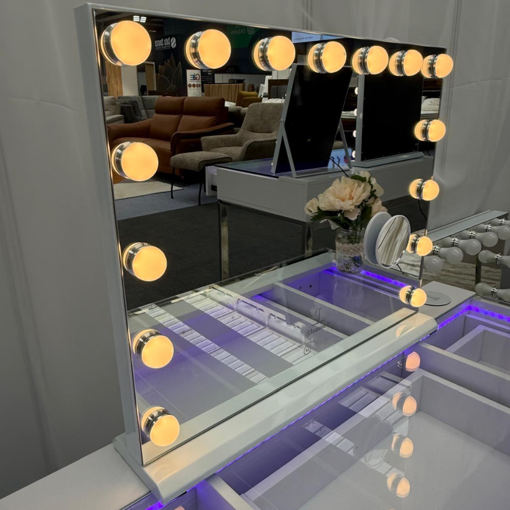 The Glamour Queen 8 Drawer Dress & 12 Bulb Hollywood Mirror Set features 8 spacious drawers, dimmable LED lighting, Bluetooth speaker & USB/Type-C ports