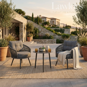 Outdoor garden furniture patio set with two chairs and a table on a patio