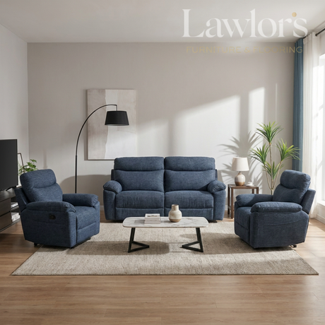 Dark blue 3+1+1 recliner sofa set in a modern living room