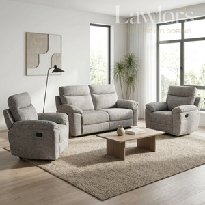 Dark brown 3+1+1 sofa set with recliners in a modern living room