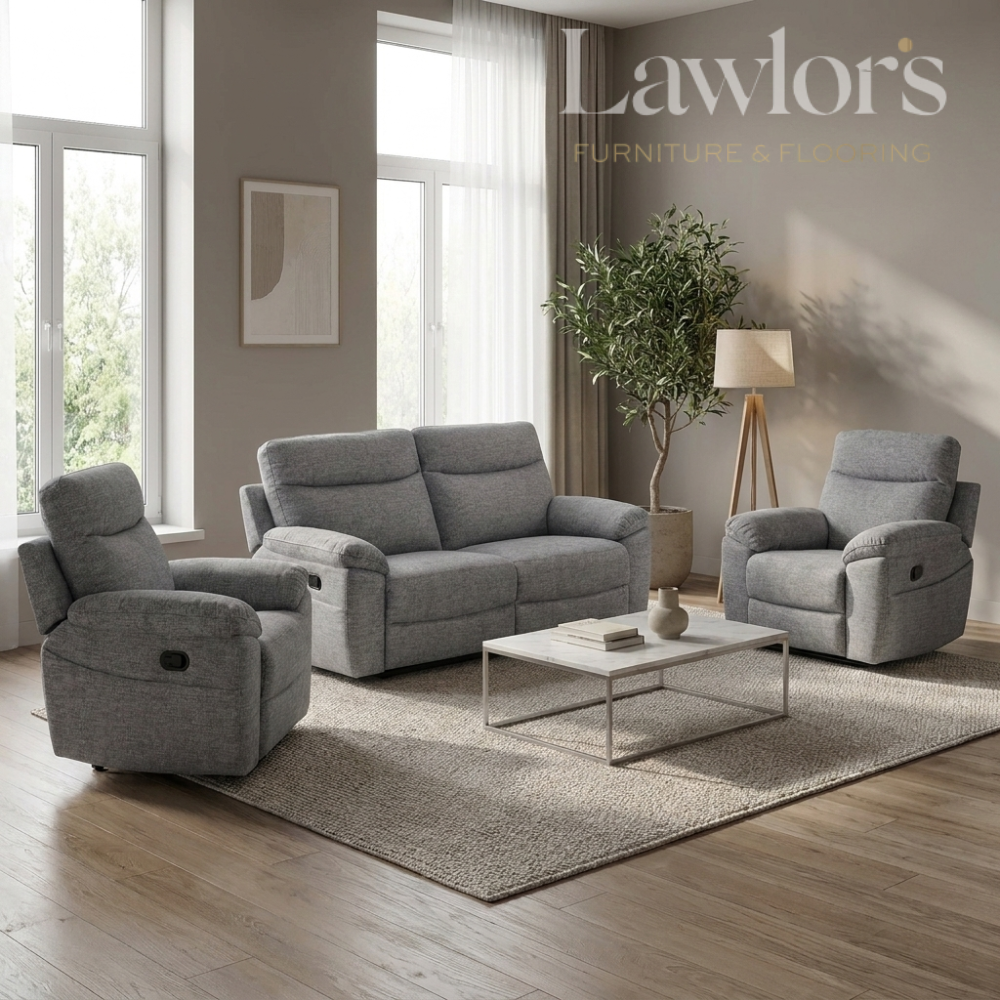 Dark grey 3+1+1 recliner sofa set with armchair and coffee table in a living room setting