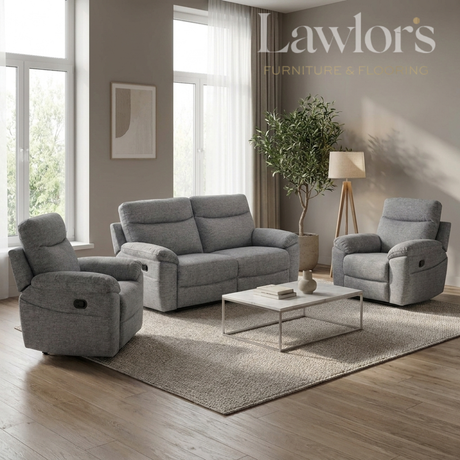 Dark grey 3+1+1 recliner sofa set with armchair and coffee table in a living room setting