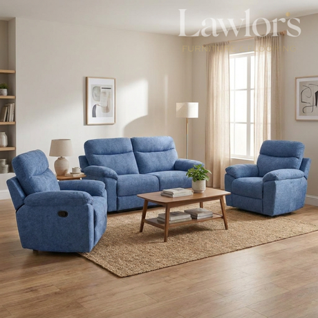 Light blue 3+1+1 recliner sofa set in a living room