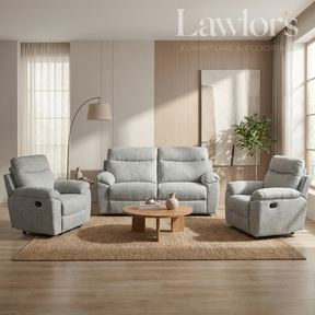 Light grey 3+1+1 recliner sofa set with matching armchairs in a living room setting
