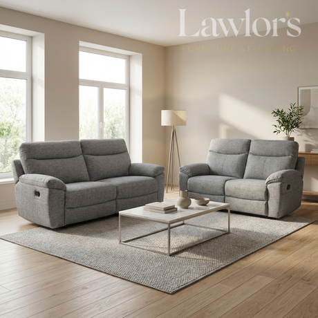 Dark grey 3+2 recliner sofa set in a living room