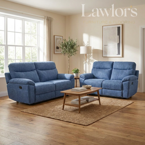 Light blue 3+2 recliner sofa set in a living room
