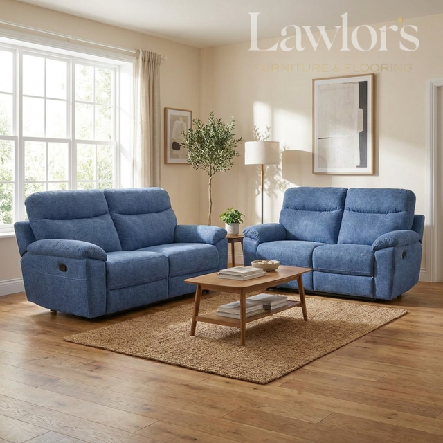 Light blue 3+2 recliner sofa set in a living room