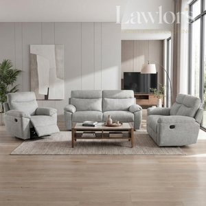 Light grey 3+2+1 recliner sofa set in a modern living room