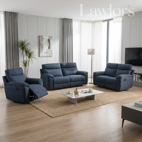 Dark blue 3+2+1 recliner sofa set with recliners in a modern living room