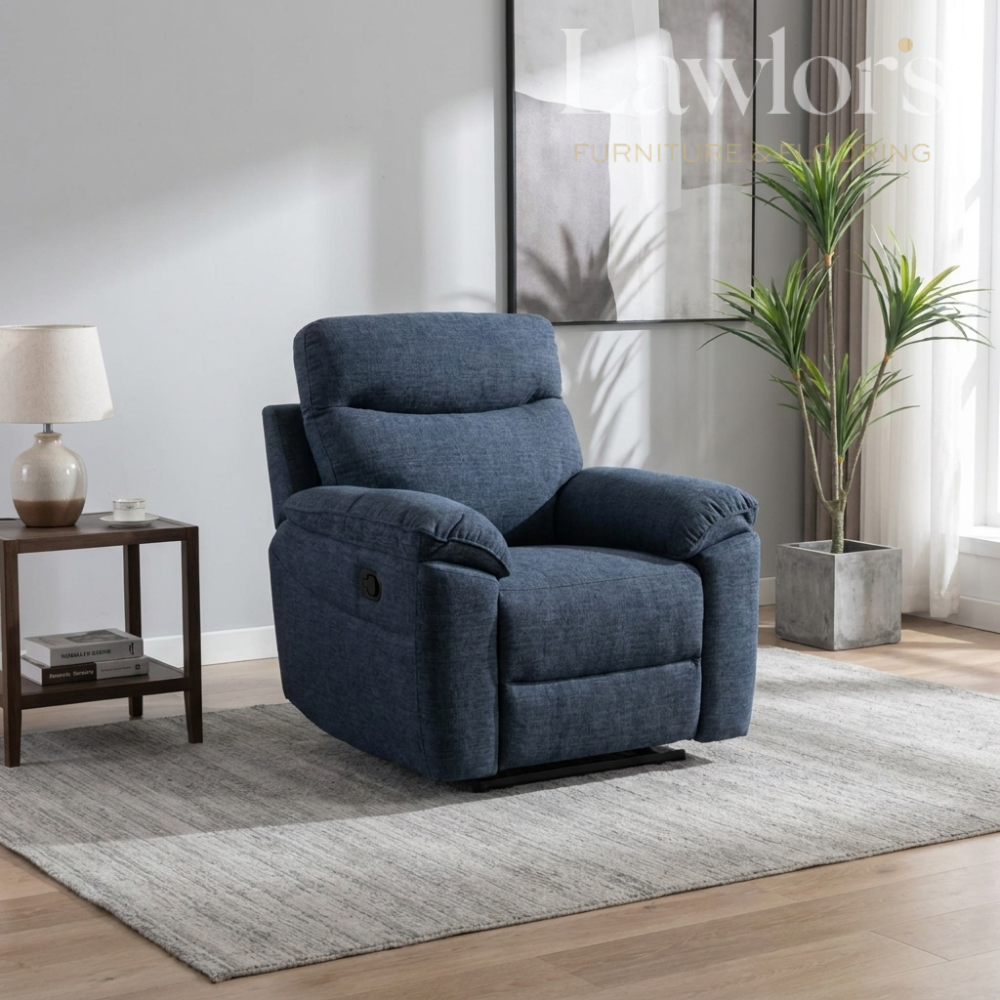 Dark blue 1 seater recliner chair in a living room
