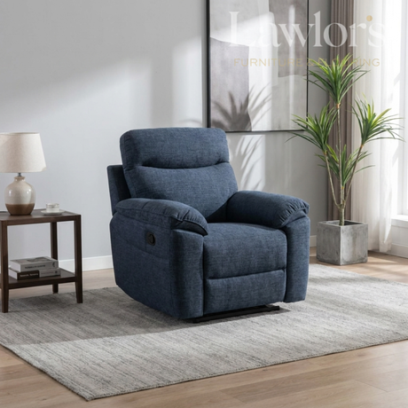Dark blue 1 seater recliner chair in a living room