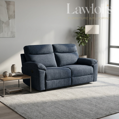Dark blue 2 seater recliner sofa in a modern living room