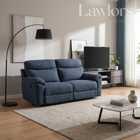 Dark blue 3 seater recliner sofa in a living room