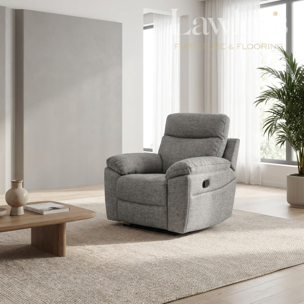 Dark grey 1 seater recliner chair in a modern living room