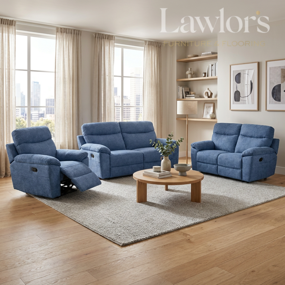 Light blue 3+2+1 sofa set with recliners in a modern living room