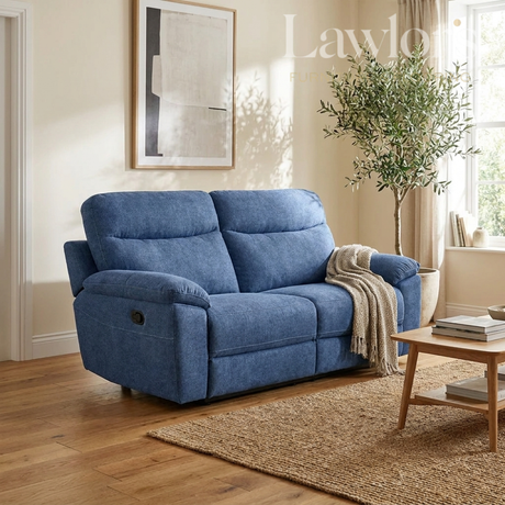 Light blue 2 seater recliner sofa in a living room with a coffee table and decorative items.