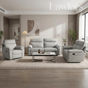 Light brown 3+2+1 recliner sofa set with recliners in a modern living room