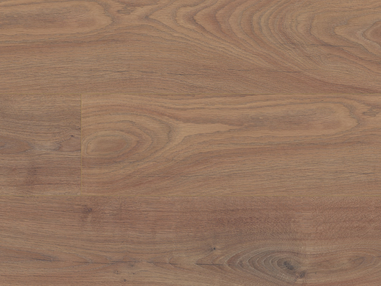 The Cashmere Oak Long & Wide Laminate Flooring - 12mm features AC5 wear rating, waterproof, 30-year guarantee, authentic wood look, underfloor heating compatible, easy installation.