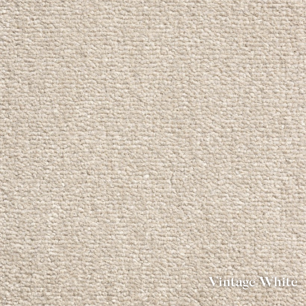 Textured white fabric swatch with 'Vintage White' label