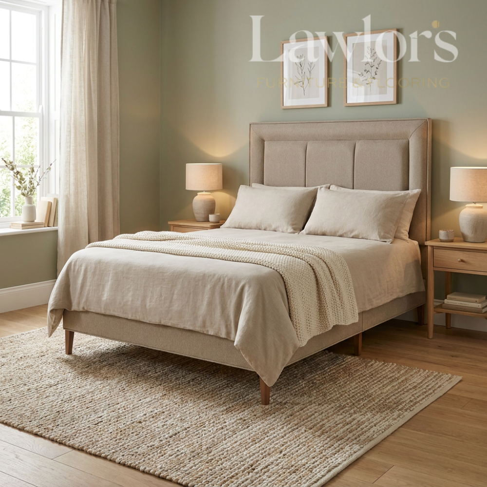 A neutral beige upholstered bedset with a tall tufted headboard, dressed in cream bedding and a textured throw blanket, set in a styled bedroom with wooden nightstands, lamps, a window, and a woven rug.