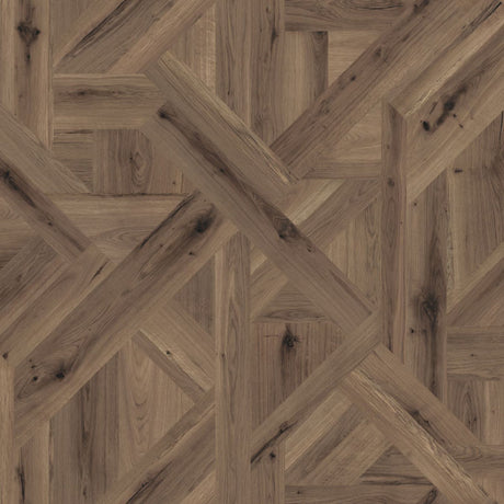 Vittorio Oak Laminate Flooring 8mm with AC5 durability, suitable for underfloor heating, Aqua Pro water resistance and a rich dark mosaic design.